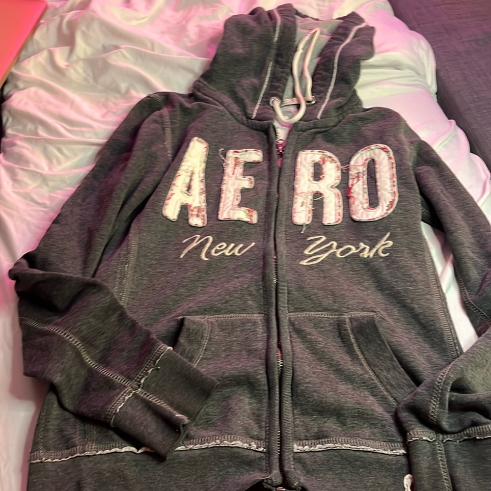 Aeropostale Hooded Distressed Lettering Jacket